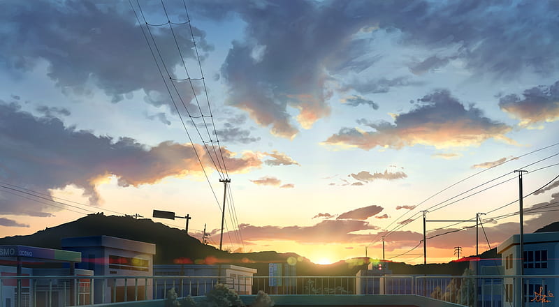 anime landscape, mountais, clouds, sunset, buildings, Anime, HD wallpaper