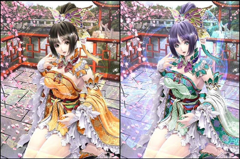 Twins Kingdom, pretty, colorful sakura blossom, bonito, adorable, floral, cherry blossom, sweet, double, nice, japan, anime, hot, beauty, anime girl, long hair, twins, black hair, sakura, lovely, japanese, sexy, cute, kawaii, girl, oriental, flower, awesome, petals, chinese, collages, HD wallpaper