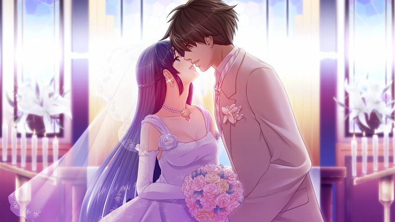 ♡ Married ♡, pretty, veil, sweet, floral, nice, groom, love, anime, handsome, beauty, anime girl, long hair, lovely, romance, gown, ppy, happy, short hair, lover, dress, divine, guy, bride, bonito, sublime, elegant, kiss, wed, couple, gorgeous, bride and groom, female, male, romantic, wedding, boy, girl, bouquet, flower, HD wallpaper