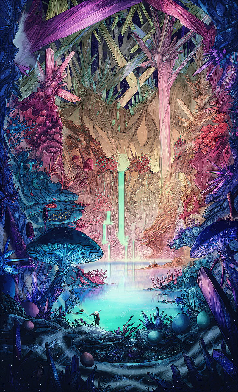 colorful, lake, forest, fantasy art, crystal , waterfall, mushroom, HD phone wallpaper