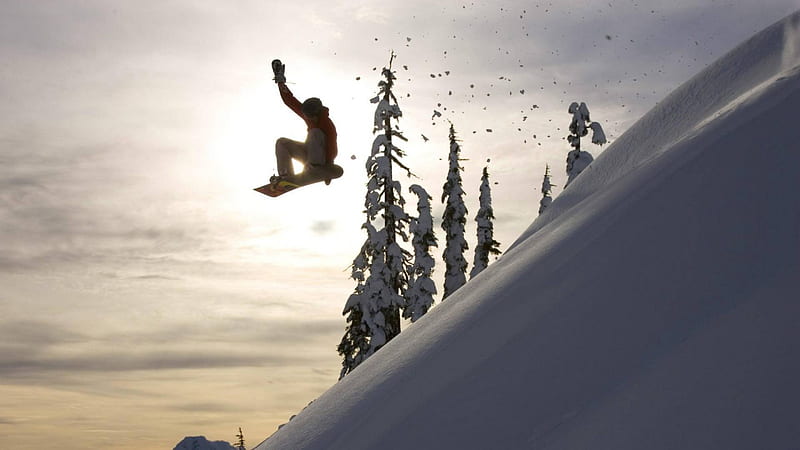 catching air on mount baker washington, ski boarding, snow, ridge, trees, jump, HD wallpaper