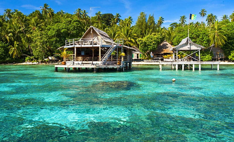 Solomon Islands Cottages, huts, water, pier, pacific, tropical, sea, palms, HD wallpaper