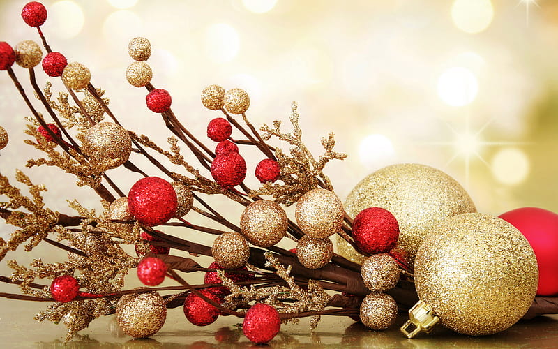 Red and gold decorations, Christmas, red, spirit, gold, celebration, decorations, joy, HD wallpaper
