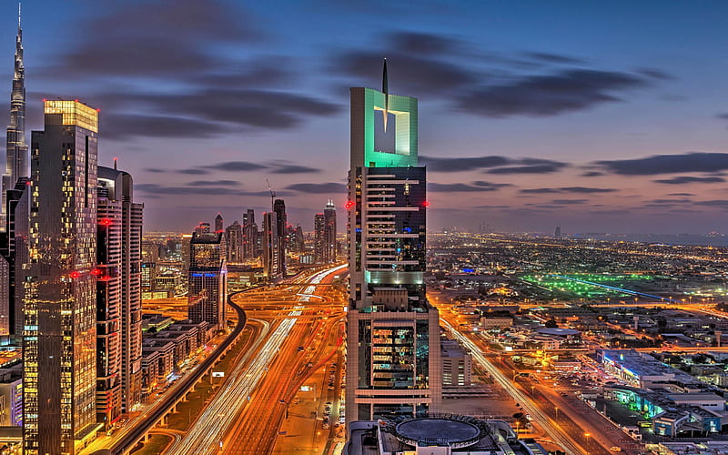 Dubai, UAE, evening, city lights, way, highway, road junction, skyscrapers, HD wallpaper