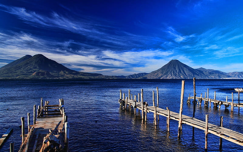 Guatemala piers, mountains, sea, beautiful nature, North America, HD wallpaper