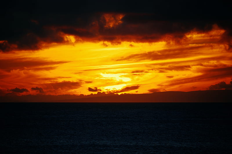 sea, horizon, sunset, clouds, fiery, sky, HD wallpaper