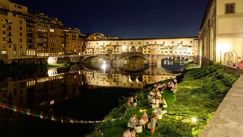 splendid ponte vecchio bridge in florence, city, bridge, banks, river, lights, night, HD wallpaper