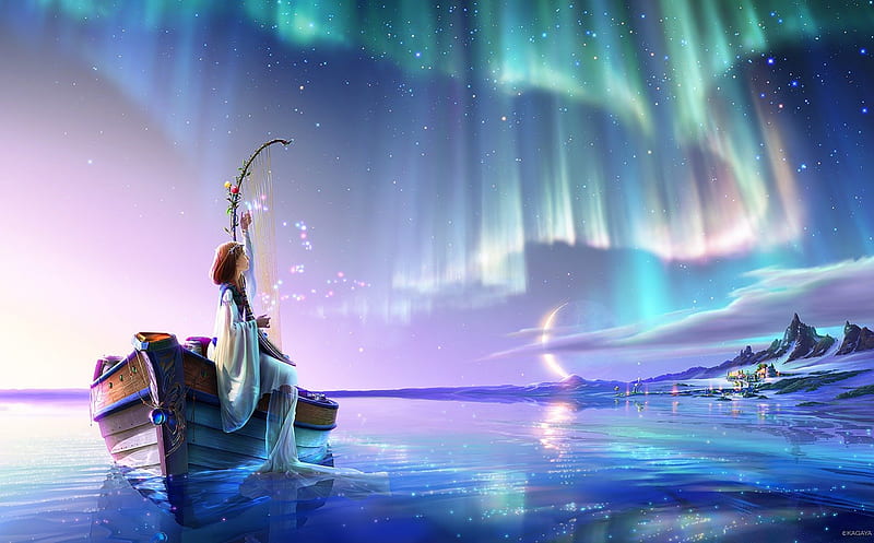 Aurora, art, sky, lights, sea, kagaya, fantasy, girl, orginal, HD wallpaper