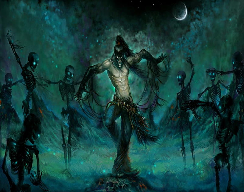 Dance Of The Dead, man, moon, skeletons, dark magic, HD wallpaper