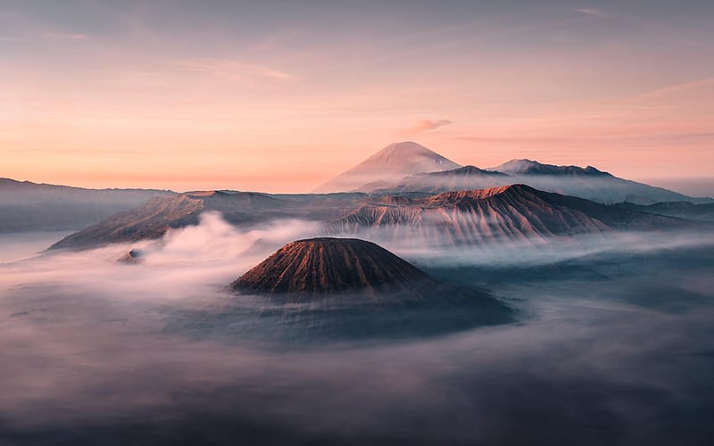 Mt Bromo, East Java, fog, rocks, morning, sunrise, HD wallpaper