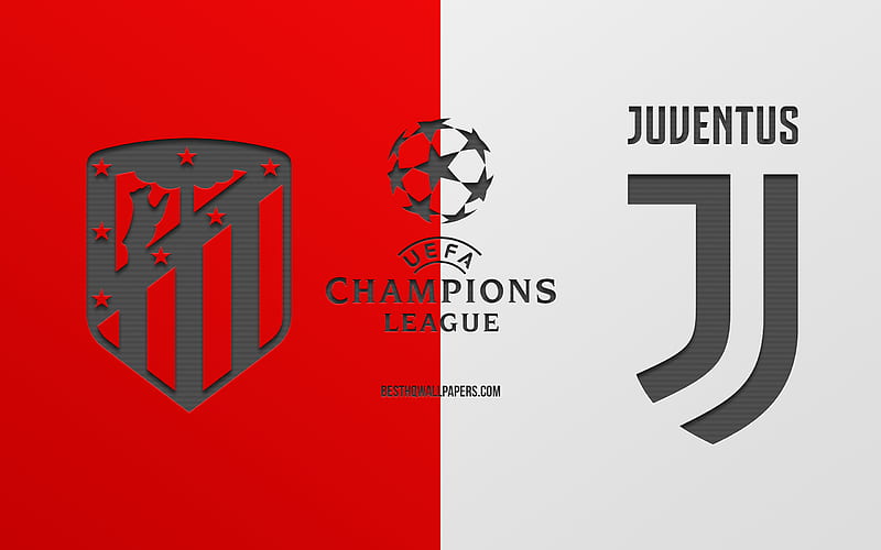 Atletico Madrid vs Juventus FC, football match, 2019 Champions League, promo, red white background, creative art, UEFA Champions League, football, Juventus FC, HD wallpaper