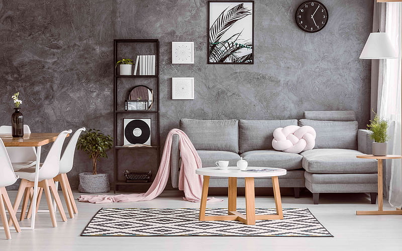 stylish lounge, loft style, modern interior design, gray wall, gray living room, HD wallpaper