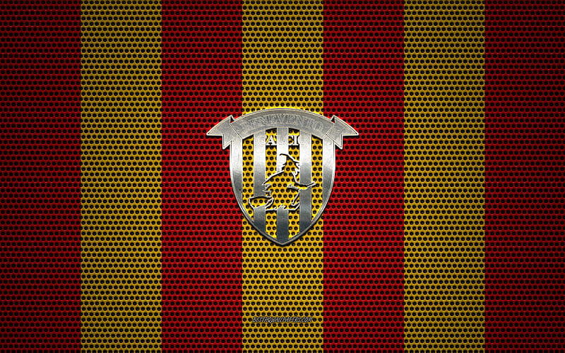 Benevento Calcio logo, Italian football club, metal emblem, yellow-red metal mesh background, Benevento Calcio, Serie B, Benevento, Italy, football, HD wallpaper