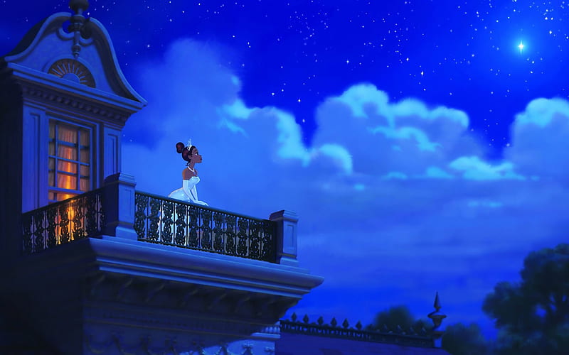 ~Wishing On A Star~, princess tiana, frog prince, Disney, movie, balcony, clouds, wishing, star, HD wallpaper