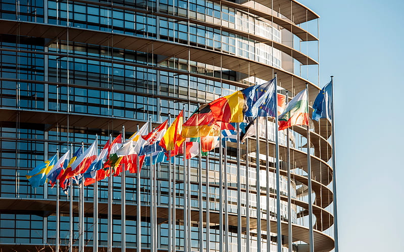 European Parliament, Strasbourg, France, European Union, building, flags of EU countries, Europe, HD wallpaper