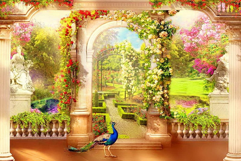 Garden in paradise, pretty, lovely, peacock, sunny, bonito, magic, alleys, fantasy, arch, paradise, summer, flowers, heaven, garden, HD wallpaper