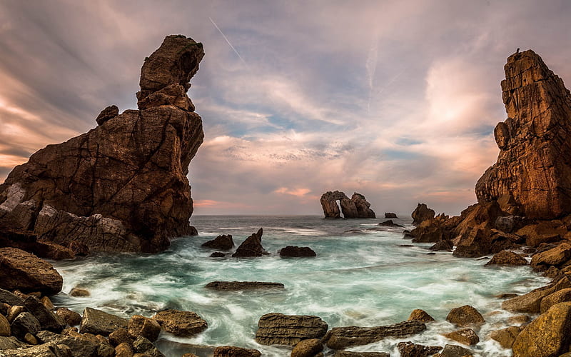 coast, sunset, sea, waves, rocks, HD wallpaper