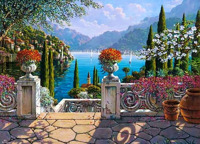 Lake Como Terrace, water, painting, flowers, nature, trees, artwork, italy, HD wallpaper