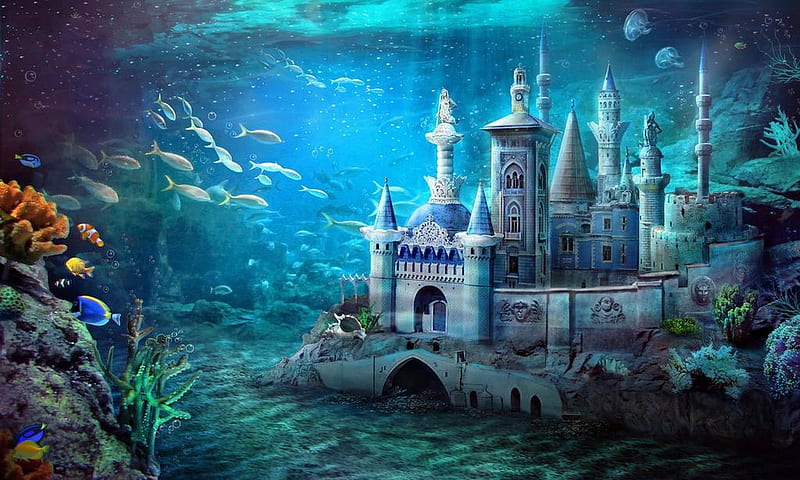 Medieval Underwater Castle, ocean, underwater, medievil, Castle, water, fish, Fantasy, HD wallpaper