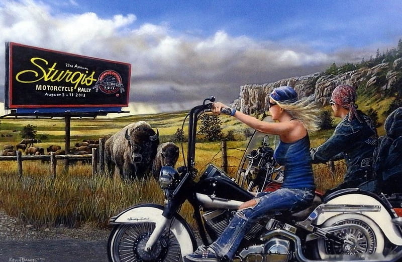 Herding for Sturgis, fence, girl, cattle, painting, buffaloes, bikes, man, artwork, HD wallpaper