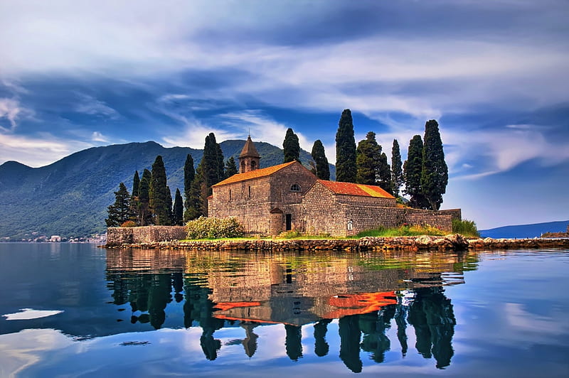 Montenegro Church on Stone Island, Churches, Islands, Sky, Architecture, Stone, Reflections, Nature, Sea, Trees, Clouds, HD wallpaper