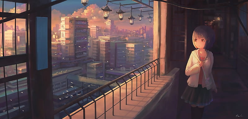 cute anime girl, cityscape, balcony, buildings, birds, Anime, HD wallpaper