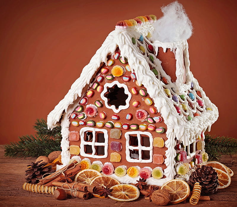Gingerbread House With Nuts, White, Frosting, Gingerbread, House, Nuts, HD wallpaper