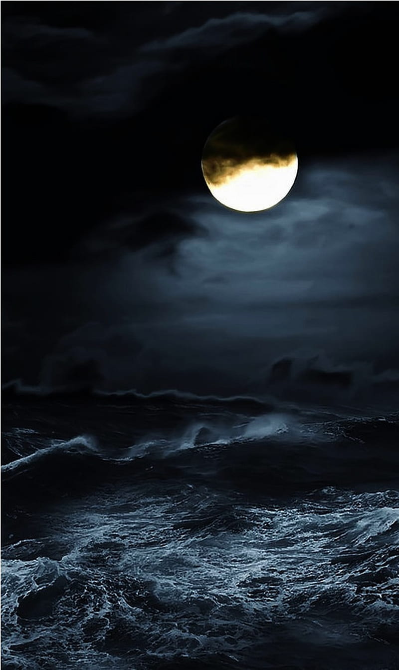 night, abstract, dark, landscape, moon, sea, HD phone wallpaper