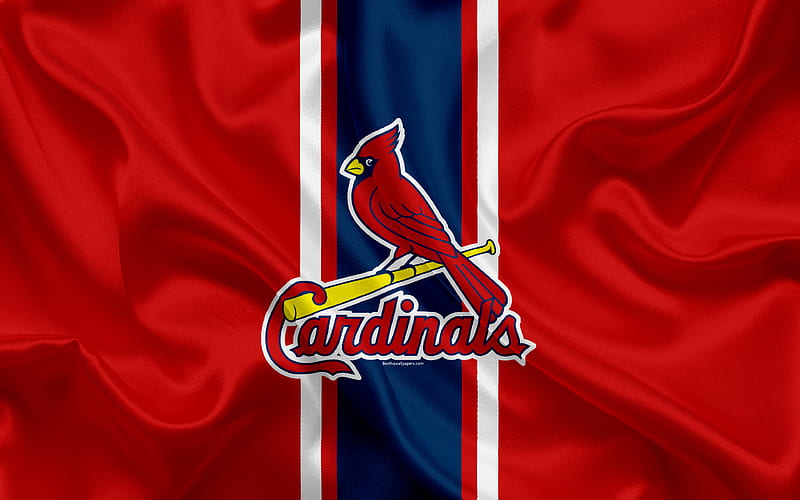 St Louis Cardinals logo, silk texture, American baseball club, red blue flag, emblem, MLB, St Louis, Missouri, USA, Major League Baseball, HD wallpaper