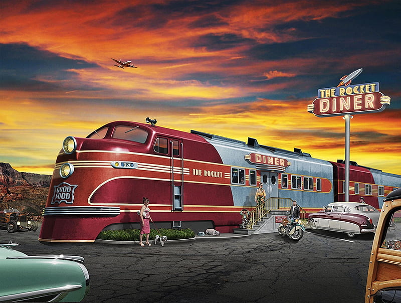 The Rocket Diner, rocket, train, american, diner, vintage, HD wallpaper