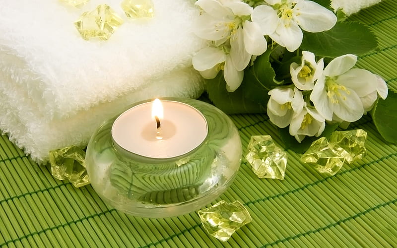 spa, candle, towel, jasmine, green, feng shui, flower, calming, peacefull, relaxing, HD wallpaper