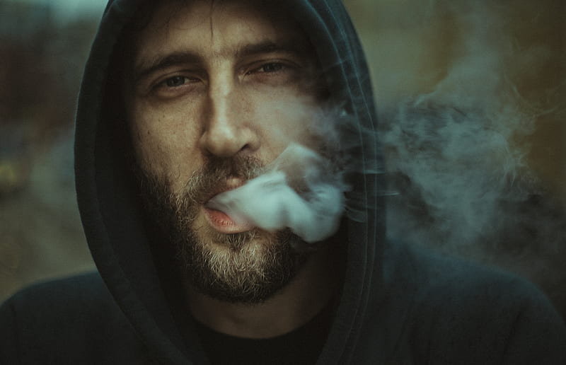 man wearing black pullover hoodie blowing white smoke, HD wallpaper