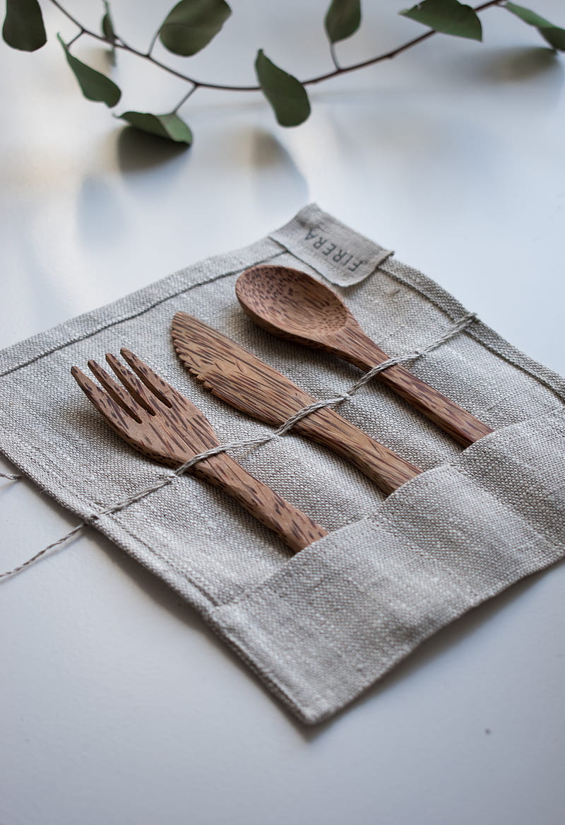 brown wooden fork, spoon, and knife on textile, HD phone wallpaper