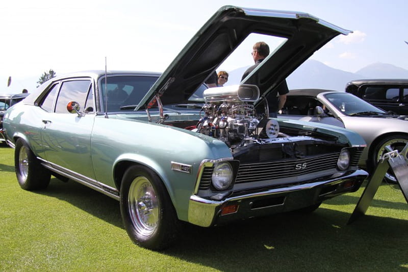 1968 Chevrolet Nova SS 427, Chevrolet, grass, headlights, black, silver, graphy, green, engine, tires, blue, HD wallpaper