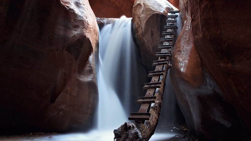 Kanarra Creek Slot, rocks, USA, waterfall, ladder, nature, Utah, cave, HD wallpaper