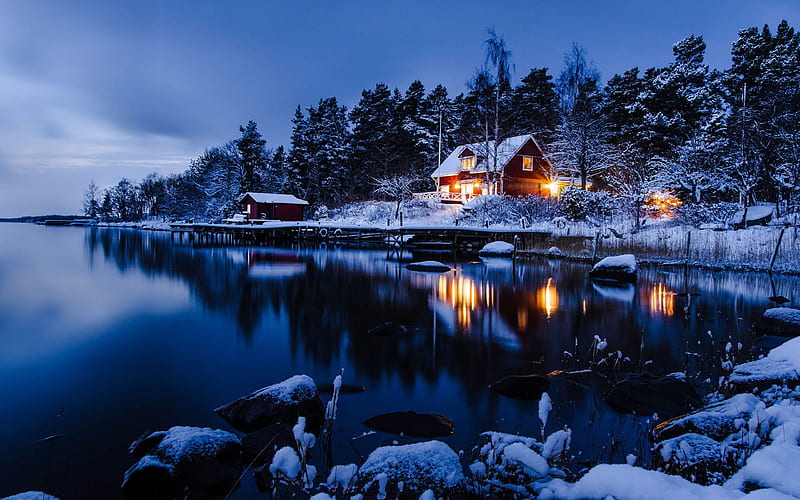 country cottages, a suburb of stockholm, winter landscape, sweden, HD wallpaper