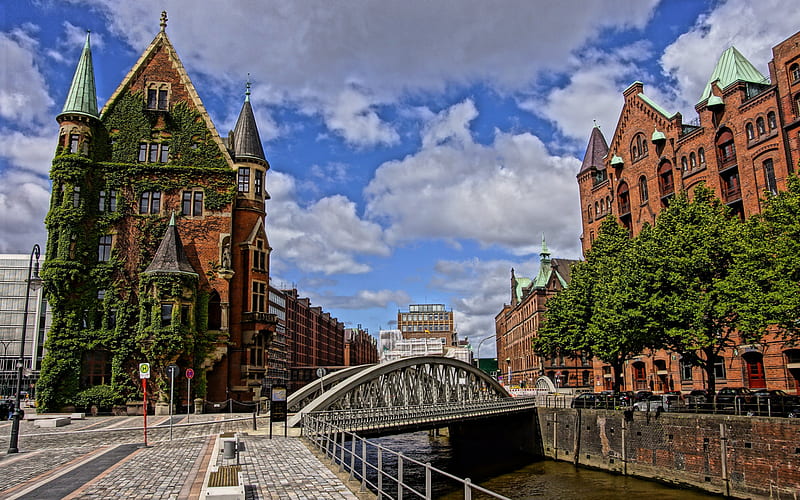 Hamburg, iron bridge, old buildings, evening, cityscape, Germany, HD wallpaper
