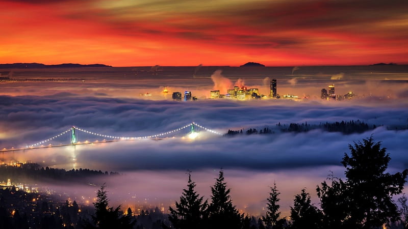 wondrous vancouver bridge in fog r, city, bridge, r, sunset, fog, HD wallpaper
