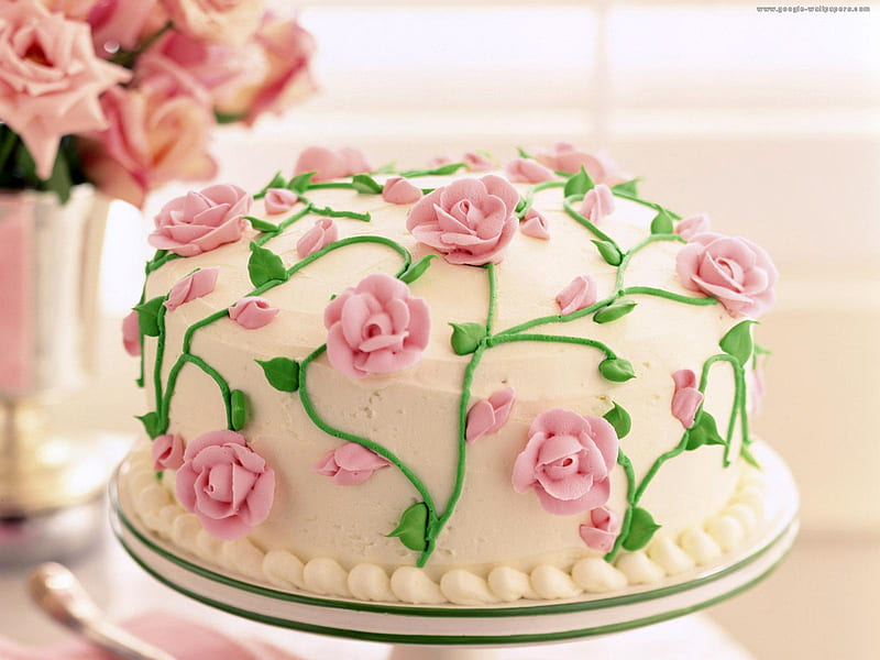 dessert for my friends, flowers vase, marzipan roses, white cake, bonito, pink roses, dessert, HD wallpaper
