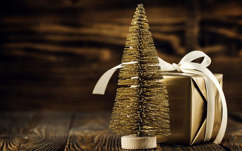 Golden Christmas tree, New Year, golden gift box, Christmas, HD wallpaper