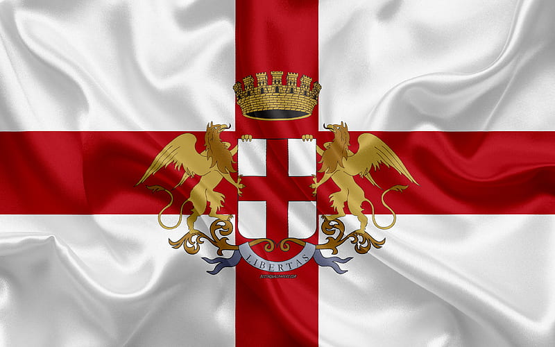 Flag of Genoa silk texture, white red silk flag, coat of arms, Italian city, Genoa, Liguria, Italy, symbols, HD wallpaper