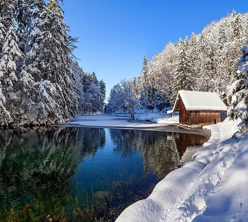 winter, frozen, home, lake, landscape, nature, snow, HD wallpaper