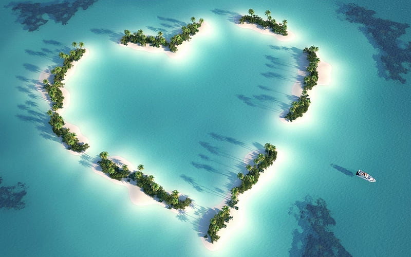 ocean, heart island, romantic places, yacht, HD wallpaper