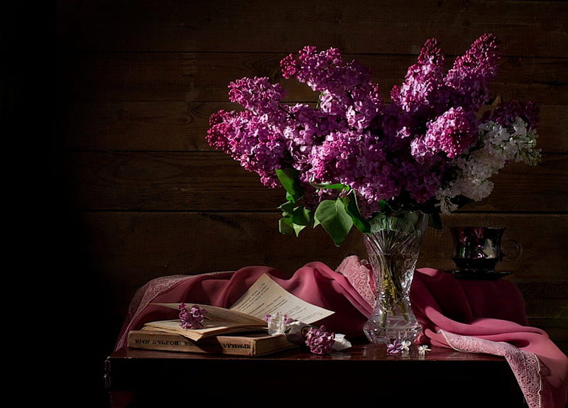 Lilacs, table, still life, bouquet, book, flowers, vase, fragrance, HD wallpaper
