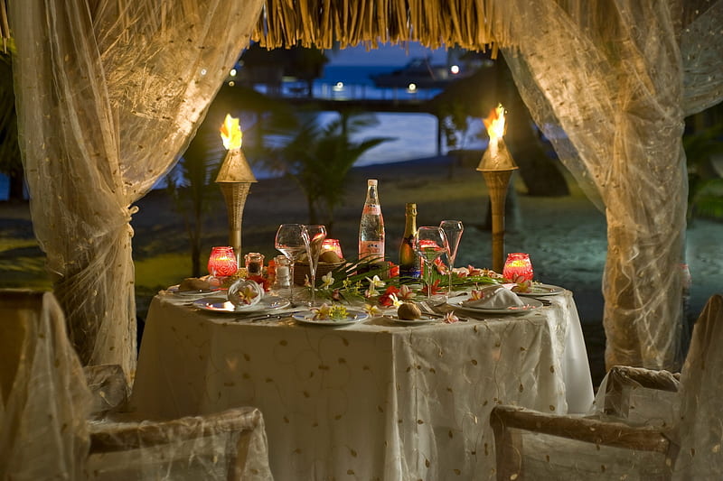 Romantic Dinner for Two, dinner, candle, beach, romance, bora, light, HD wallpaper
