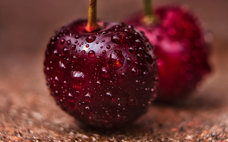 cherries macro, berries, bokeh, fresh fruits, dew, water drops, fruits, HD wallpaper