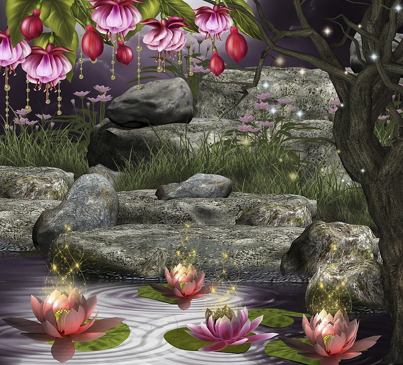 ✰Glittering Lotus Pond✰, rocks, pretty, lotus, glow, Resources, dazzling, rocky, bonito, Backgrounds, Nature, sparkle, leaves, splendor, Premade, flowers, magnificent, animals, Collect and Creat, lovely, colors, hanging, Fantasy, fireflies, pond, cute, cool, Stock , sighting, shining, splendidly, HD wallpaper