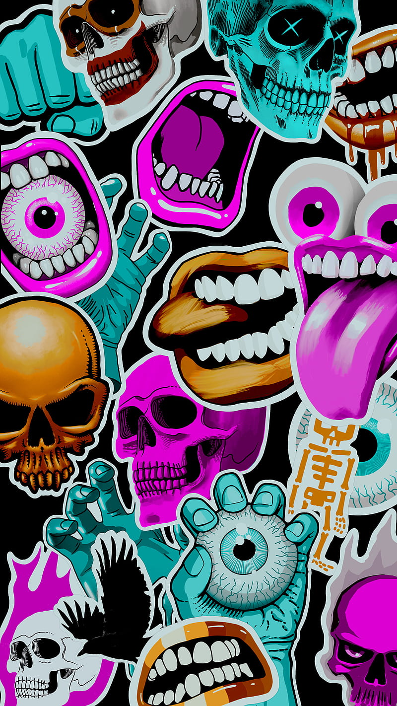 Bad Bone Stickers, colorful, eyeballs, faces, lips, mouth, oled, skulls, vibrant, HD phone wallpaper
