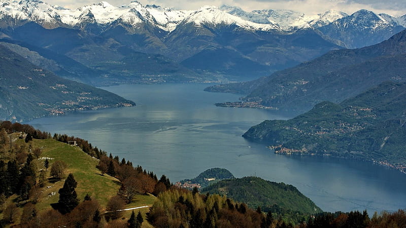 top view of lake como italy, towns, view, lake, mountains, HD wallpaper