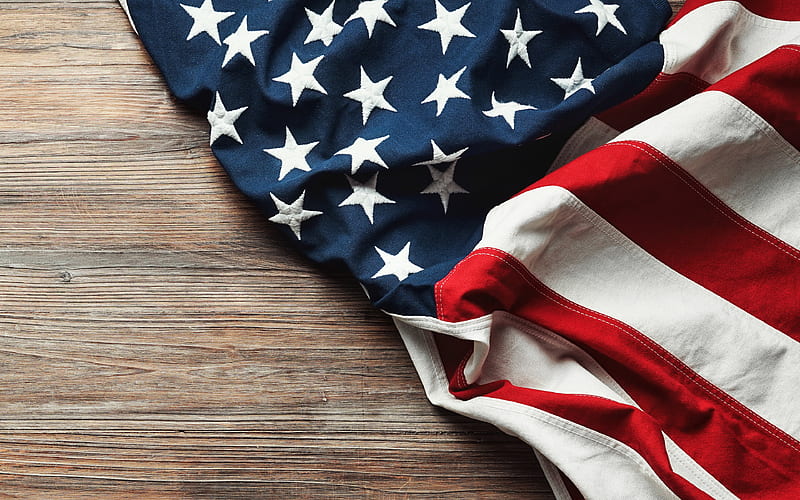 USA flag, wooden background, North American countries, USA fabric flag, Flag of USA, american flag, national symbols, United States of America, North America, USA, HD wallpaper